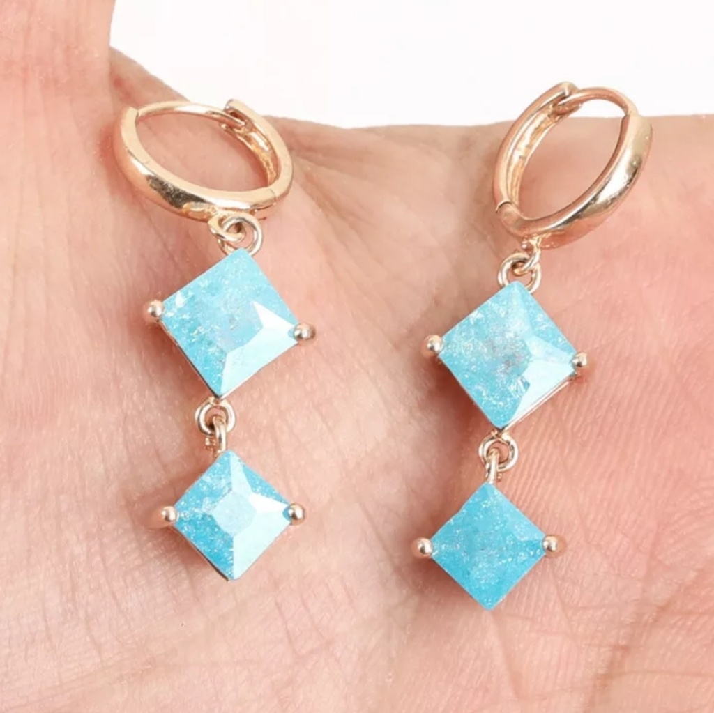 Sea Blue Aqua Marine Triangle Gold Earrings
